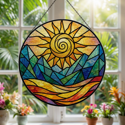 7.8"H Sun Mountain Stained Glass Window Panel