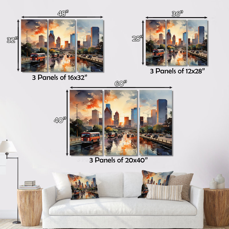 Houston City Horizons I, impression sur toile 3 pièces, H 40 po x l 60 po x P 1 po