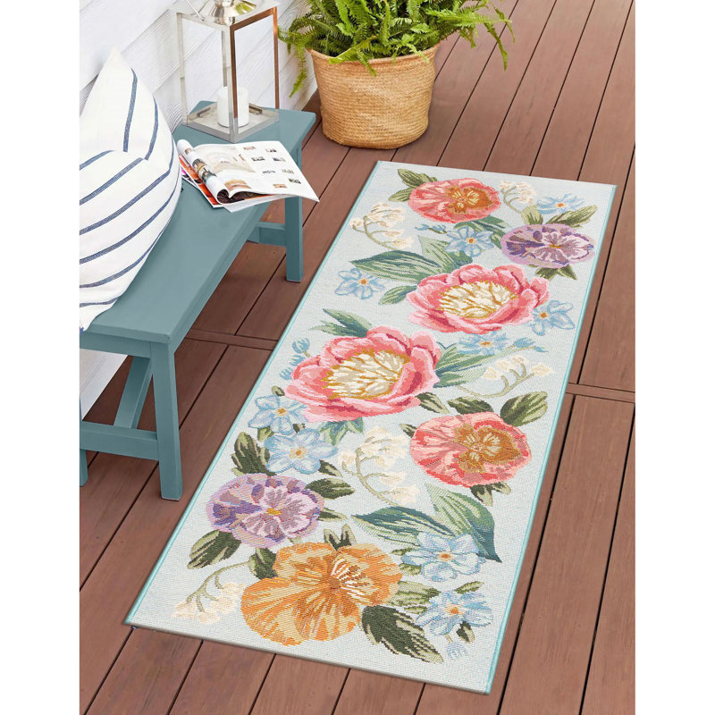 Andreane Floral Synthetic Non-Skid Kitchen Mat, Lt Blue, Runner 1'9" x 4'9"