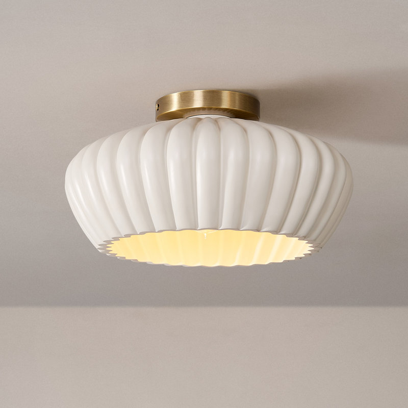 1-Light Brass Flush Mount Ceiling Light with Cream Resin Shade