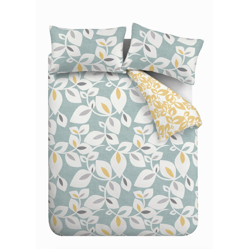 Inga Leaf Reverisble Duvet Cover Set with Pillowcases, 220 x 230cm Duvet Cover + 2 Buttons Pillowcases, Green/White/Yellow