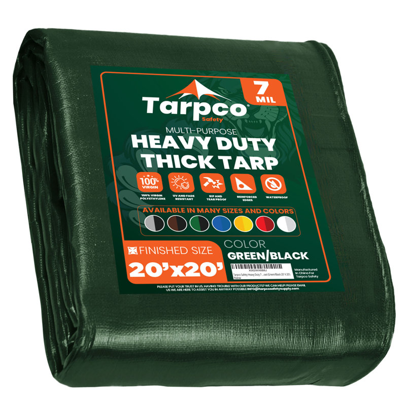 Heavy Duty 20' X 20', Green, Waterproof Tarpaulin Cover 7 Mil Thick with Reinforced Edges and Metal Grommets for Camping, Roofing, Pool and Boat Protection
