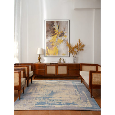 Tapis écologiques tissés à la main en laine tissée à la main - forme rectangulaire, couleur bleu beige, conception moderne abstraite, tapis épais antidérapants faits à la main pour salon, chambre à coucher