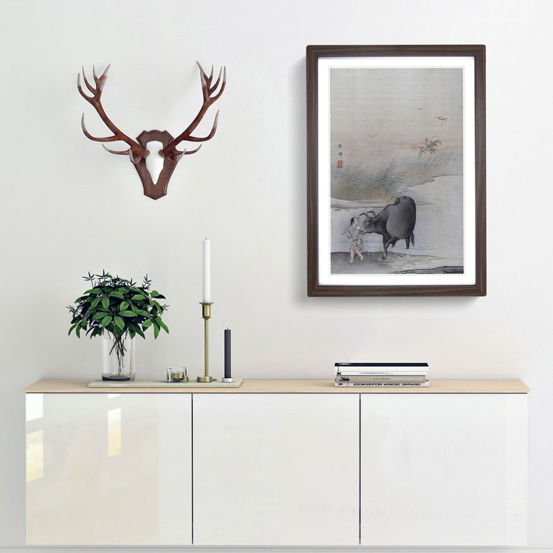 Cow at the Rivers Edge by Hashimoto Gaho - Picture Frame Painting Print, 65cm H x 48cm W x 2cm D, Walnut Framed