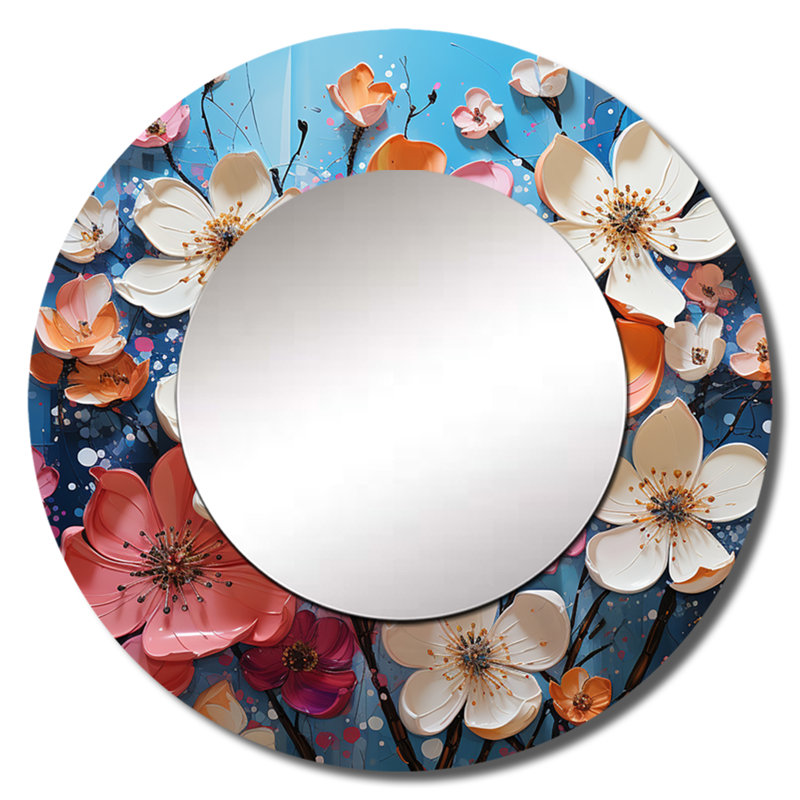 Reyden bleu et rose cornouiller IV - miroir mural cornouiller, miroir rond bleu, 23 po x 23 po