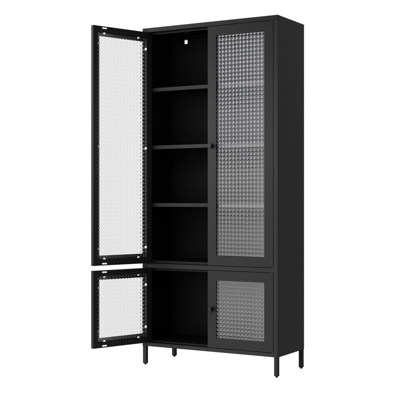 Armoire en métal à 5 tablettes avec 4 portes en verre pour garde-manger, bureau - Acier inoxydable avec rangement gaufré à grilles gaufrées et bureau à domicile, garde-manger pratique