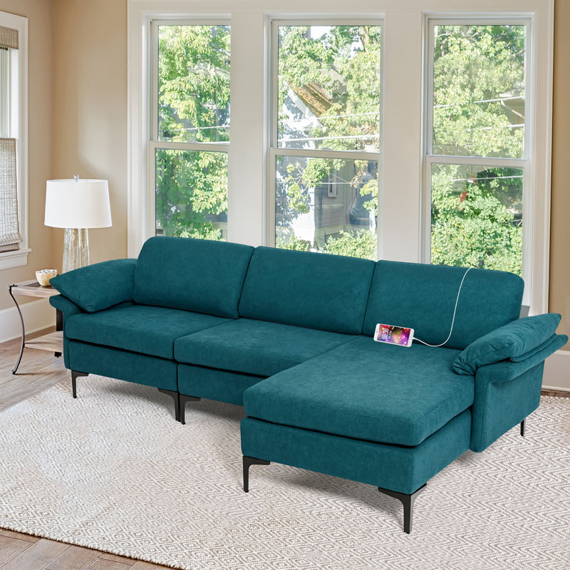 Upholstered L-Shaped Sectional Reversible, Blue Linen