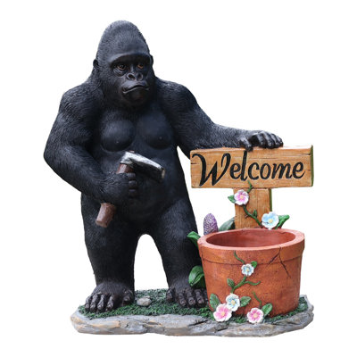 Black Resin Gorilla Statue With Welcome Sign & Planter