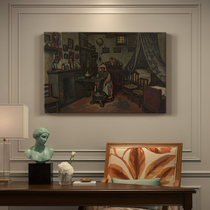 Femme par un poêle dans un intérieur-Henri De Braekeleer-Toile tendue avec châssis-c. Fin du 19e siècle, 24 x 36