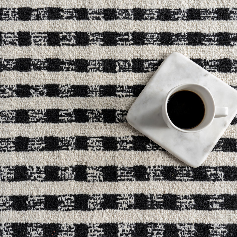 Ivory and Black Wool Handmade Braided Rectangular Area Rug