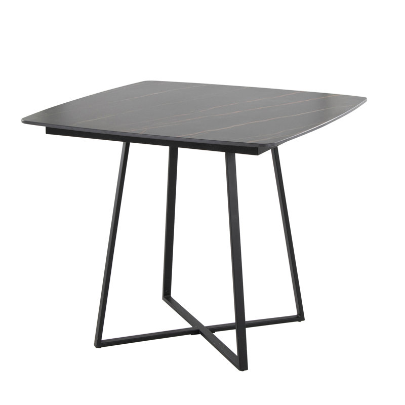 Table de salle à manger avec base en métal noir et bois noir avec plateau en céramique effet marbre noir