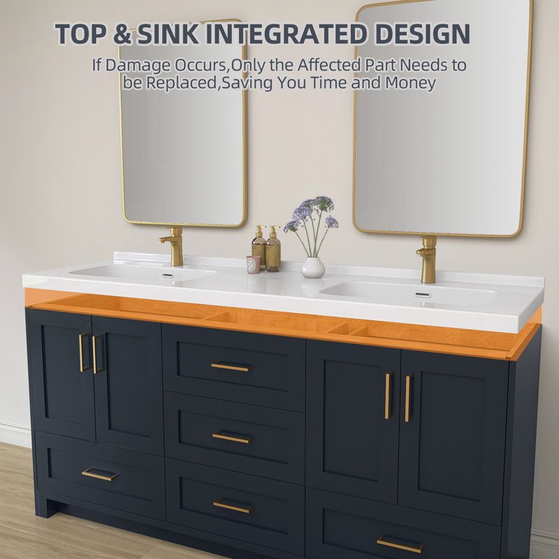 72 Inch Solid Surface Double Sink Bathroom Vanity Top with Integrated Dual Sinks, Bright White 2" Thick Modern Countertop, 1.38" Rear Backsplash, Smooth Minimal Design, Waterproof & Easy Install