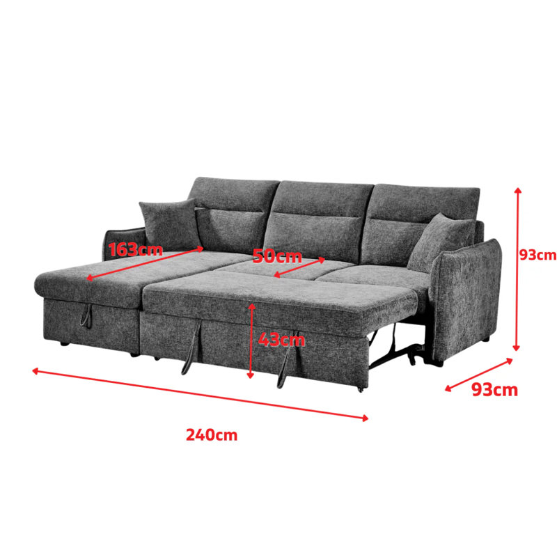 4 Seater Sofa Bed, Left Hand Facing, Grey