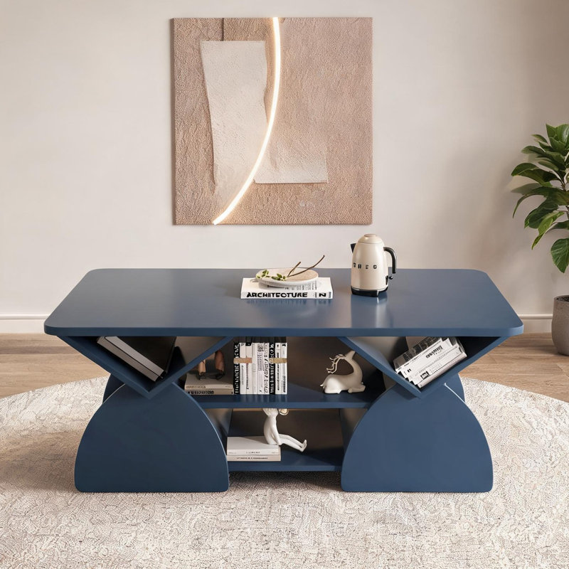 Table basse en bois d'ingénierie bleu classique avec tablettes ouvertes et coins arrondis pour le salon