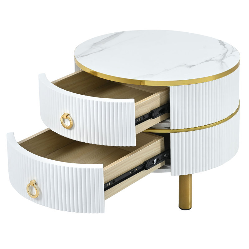 Stackable Coffee Table With 2 Drawers, Nesting Tables With Brown Tempered Glass, Set Of 2, White