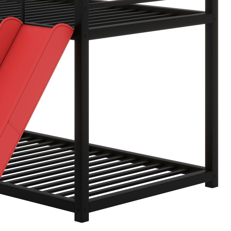 Metal House Bunk Bed With Slide, Black/Red