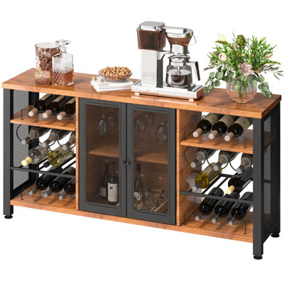 Industrial Bar Cabinet, 55 Inch Rustic Oak, 330 LBS Wine Table For Liquor With Wine Racks (24 Bottles), Glass Holders And Metal Sideboard, Farmhouse Wood Coffee Bar For Living Room, Dining Room