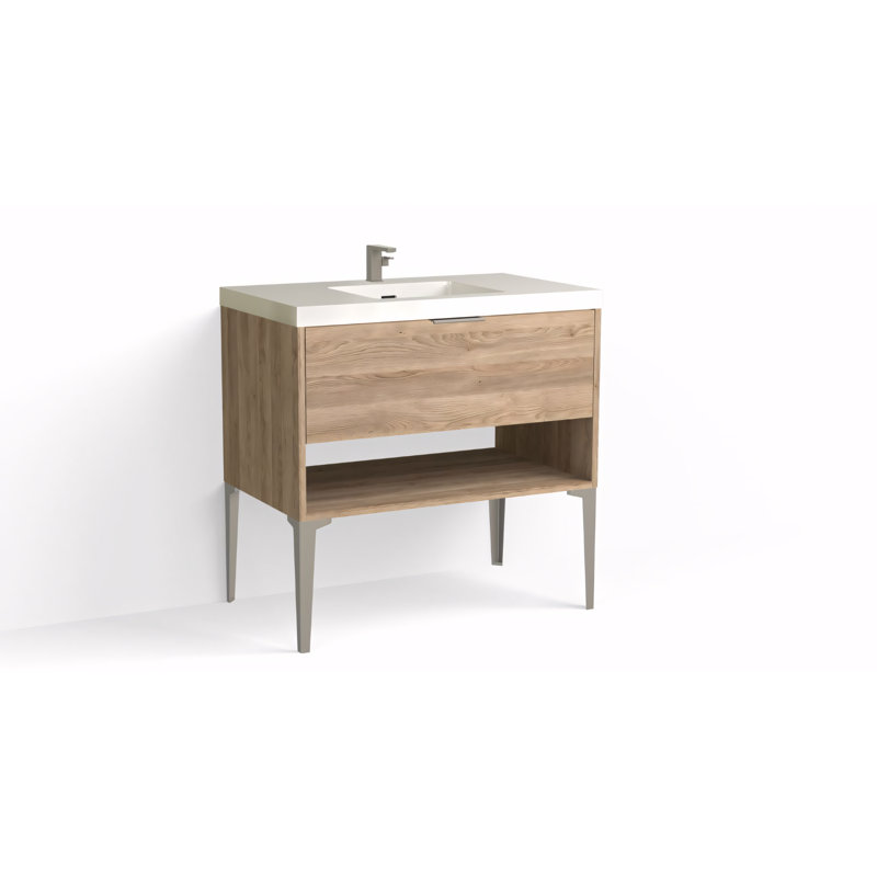 Modo 36" W Freestanding Single Bathroom Vanity with Dean Leg, Glossy White/Single, White Acrylic, Matte Black
