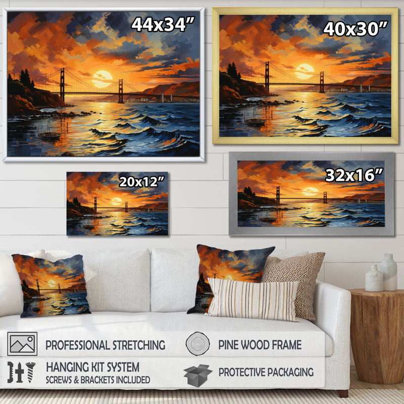 «Edinson Orange Bridge Golden Gateway Yellow I», reproduction sur toile, H 24 po x l 32 po x P 1 po, Cadre flottant blanc