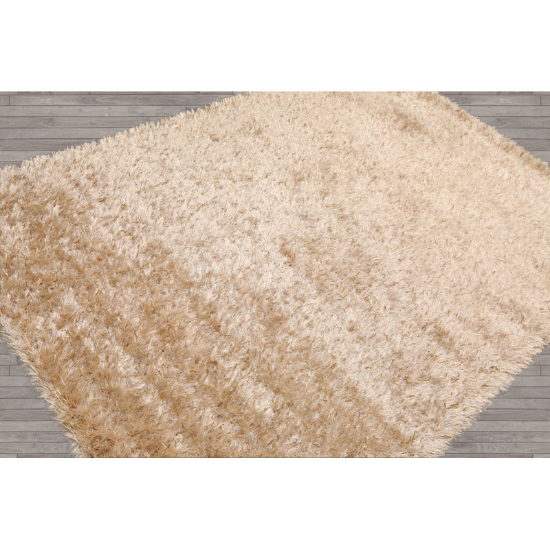 Tapis à poil long moderne et contemporain fabriqué à la main en polyester beige, Rectangulaire 3 pi x 5 pi