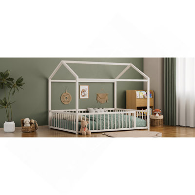 Full Size Montessori Style Metal Floor Bed Frame, House Shaped Bed With Fence For Kids And Toddlers, Easy Assemble, No Slats
