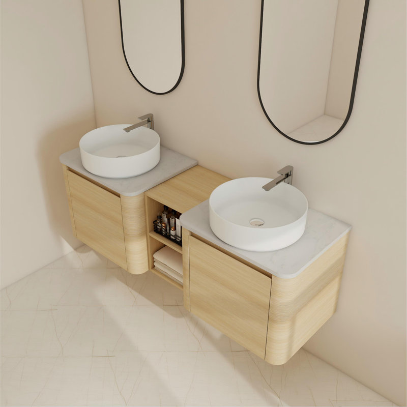 Ensemble de meuble-lavabo double 60 po avec lavabo en céramique et meuble-lavabo flottant avec portes à fermeture en douceur 60 po