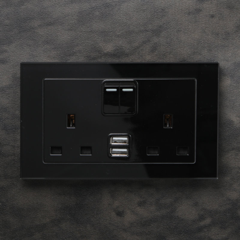 Crystal PG 2.1A USB & 13A DP Double Plug Socket With Switch White, Black