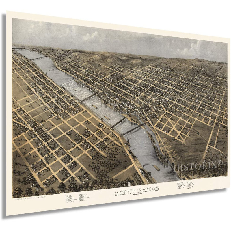 Carte rétro vintage de Grand Rapids, Michigan, 1868, impression sur papier, H 24 po x l 36 po x P 0,1 po