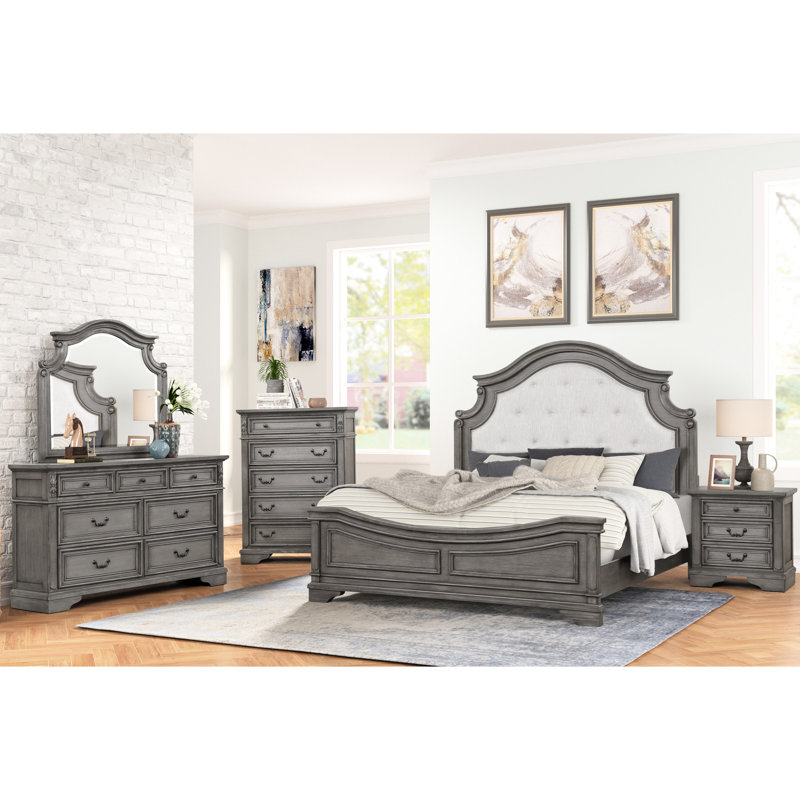 Grand lit traditionnel gris rustique, avec structure en bois et tête de lit courbée élégante, sommier gris requis, sommier, pour plus de stabilité
