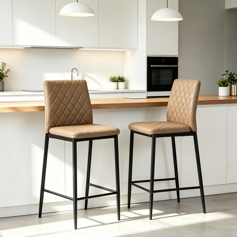 Upholstered Bar Stool with Iron Frame, Camel