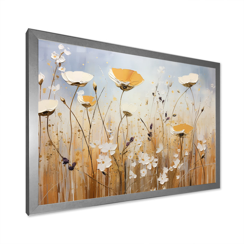 Élégance florale beige IV, Cadre simple argenté, H 16 po x l 32 po x P 1 po