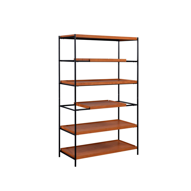 6-shelf Bookshelf In Honey Oak And Black For Organizing Books With Open Back Design -