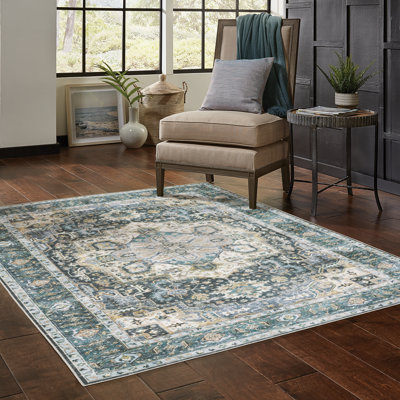 Housel Oriental Machine Washable Non-Skid Blue/Ivory Area Rug Mat