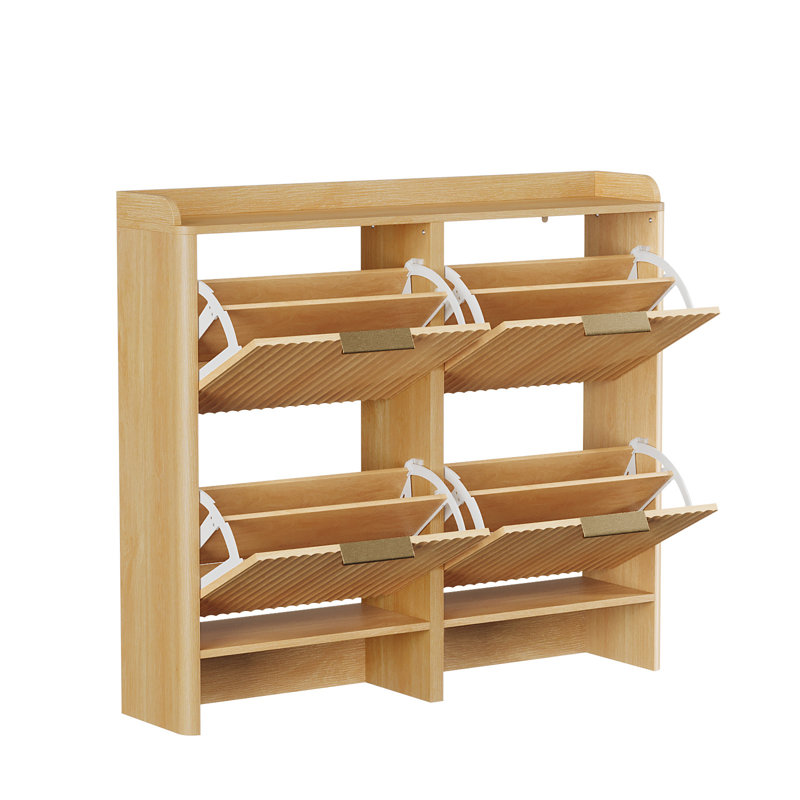 42.9 Inch Slatted Style 4 Flip Door Shoe Cabinet With Tabletop Baffle, Oak