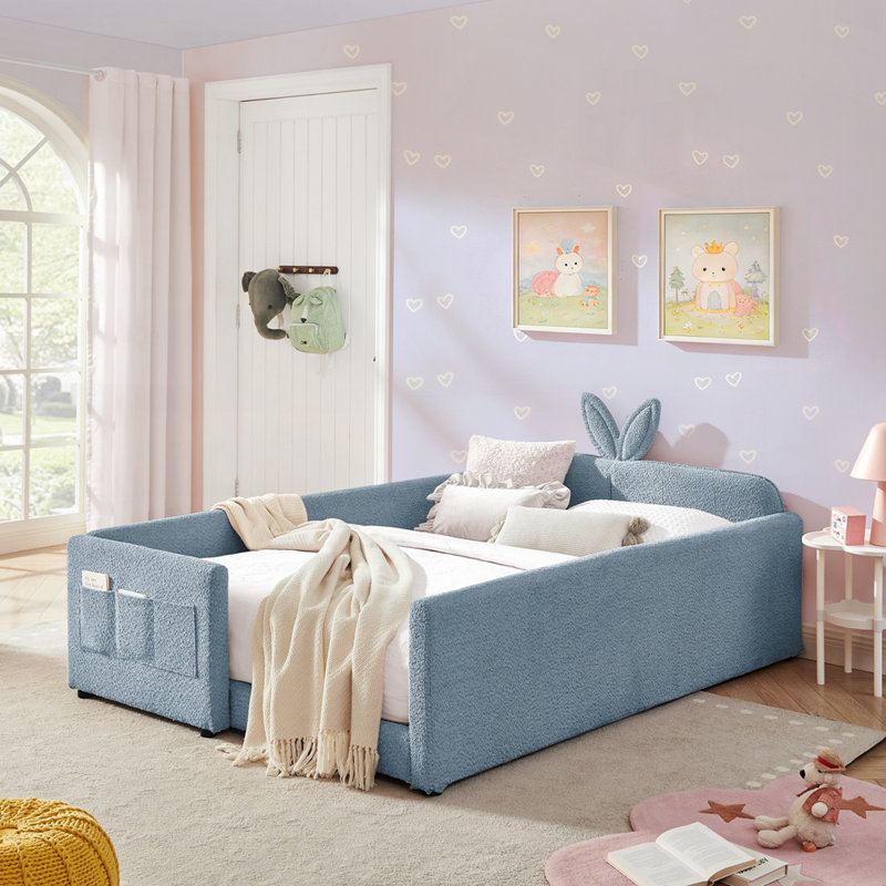 Lit plateforme tapissier Storage, Lit double, Bleu ciel