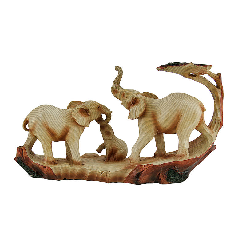 Tabletop and shelf decor elephant family safari statue in cold cast resin with beige wood look finish — 12" L x 6.5" H x 3.5" W