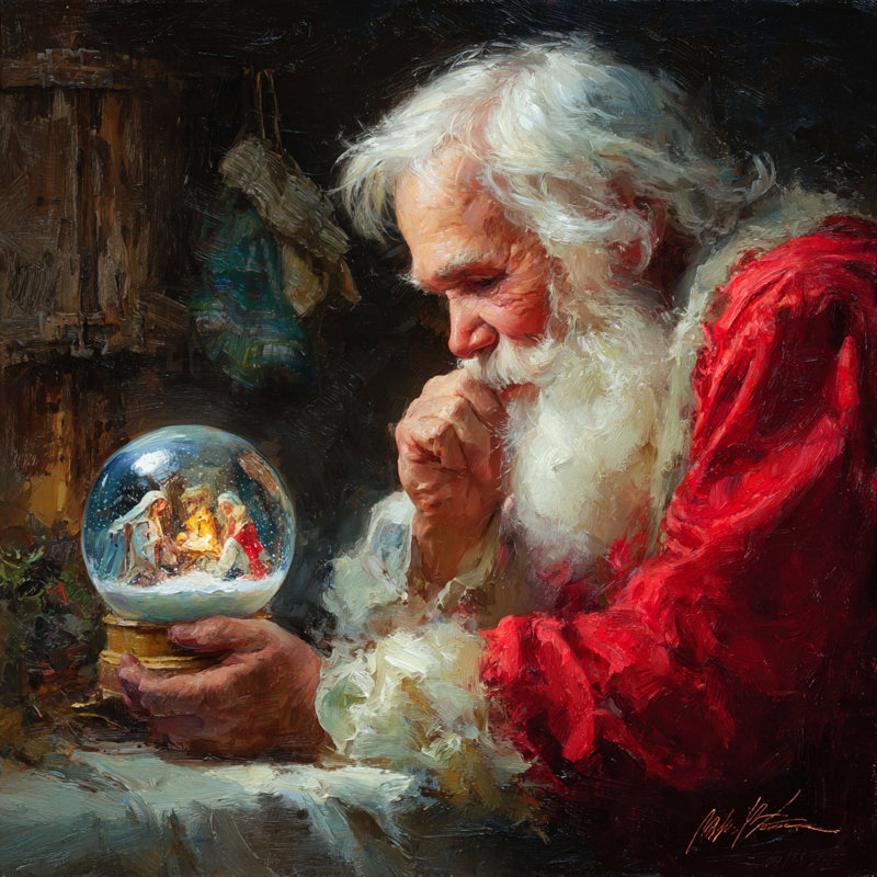 «Santa Reflecting with Snow Globe», art mural sur toile tendue
