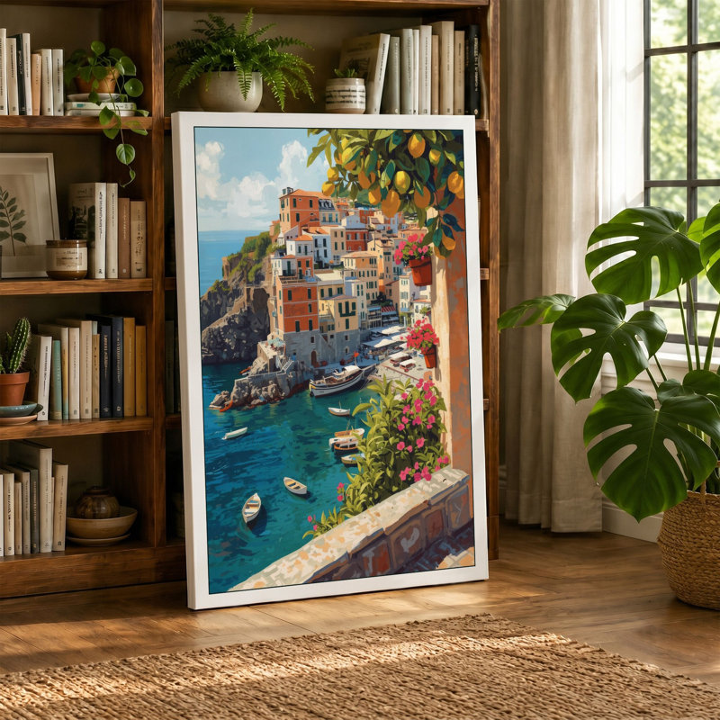 Mediterranean Village Coastal - Wrapped Canvas, 36x24 - 91.4 x 61.0 cm, Terracotta Border