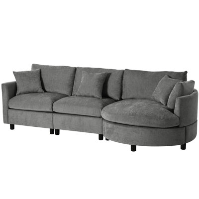 105" Chenille Fabric 3-Piece Sectional Sofa With Curved Chaise And 3 Throw Pillows – Perfect For Living Rooms