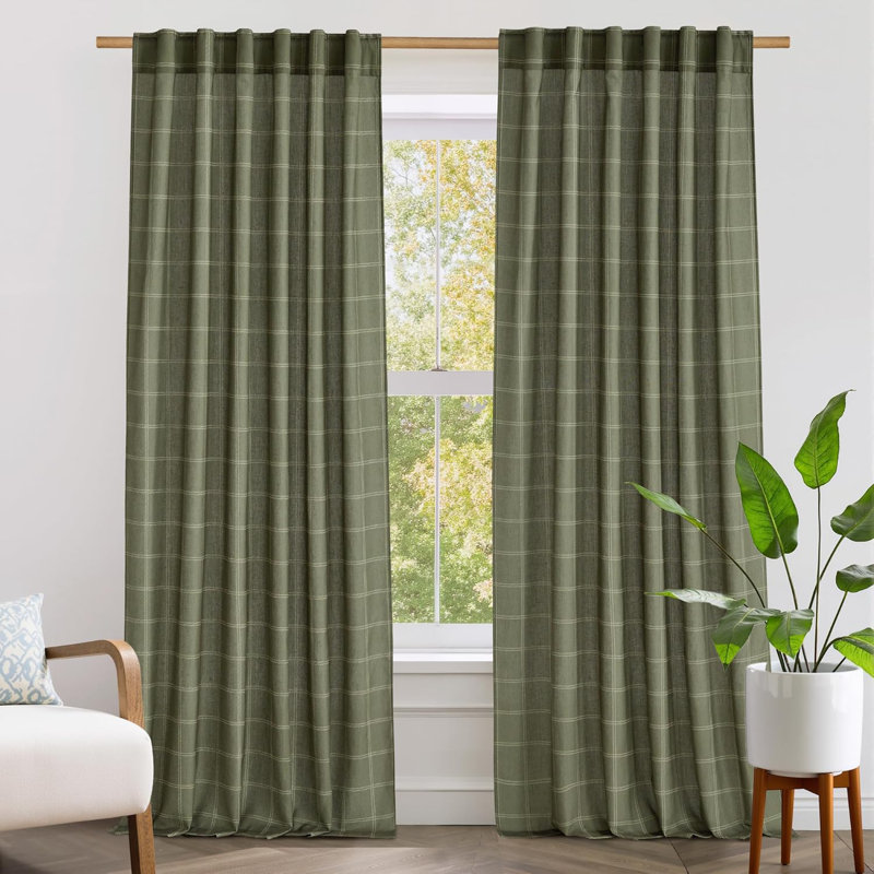 Linen Plaid Curtains Modern Window Panels Check Tartan Light Filtering Curtains for Living Room Bedroom, Rod Pocket Back Tab, 2 Panels
