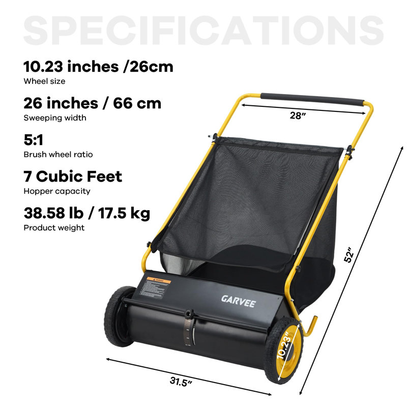 Balai à gazon jaune + noir avec 7 Sac de 4 pi, 4 brosses en PP, hauteur réglable, structure en acier, Yellow
