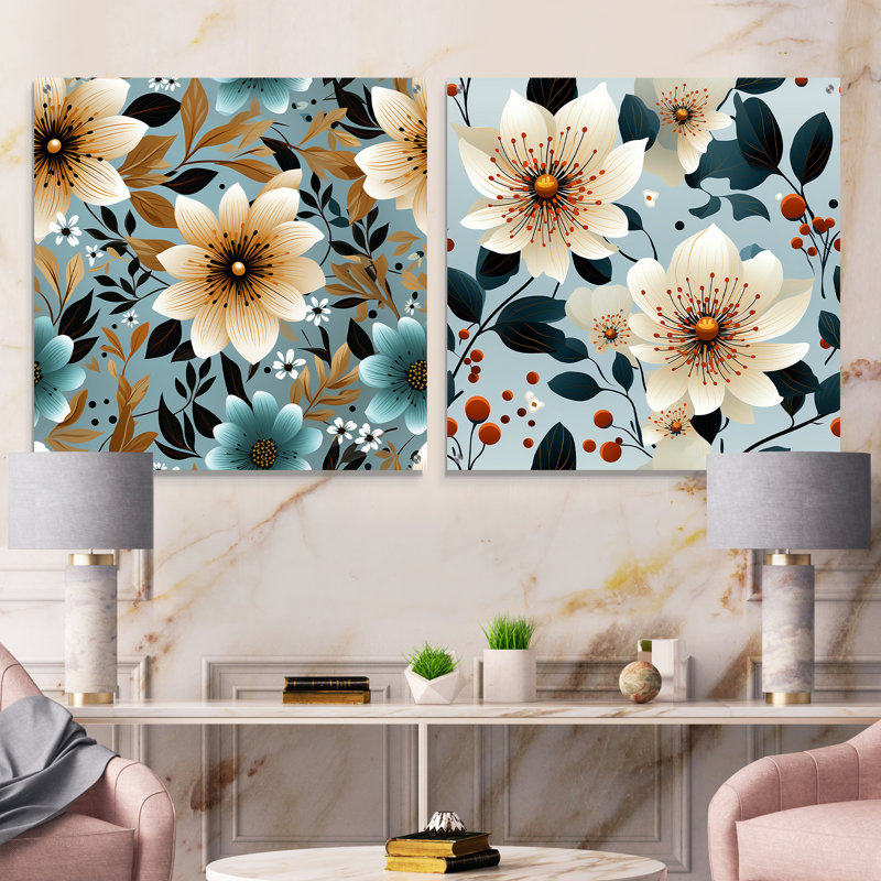 Ivoire et turquoise - Élégance côtière à motif floral, H 16 po x l 33 po