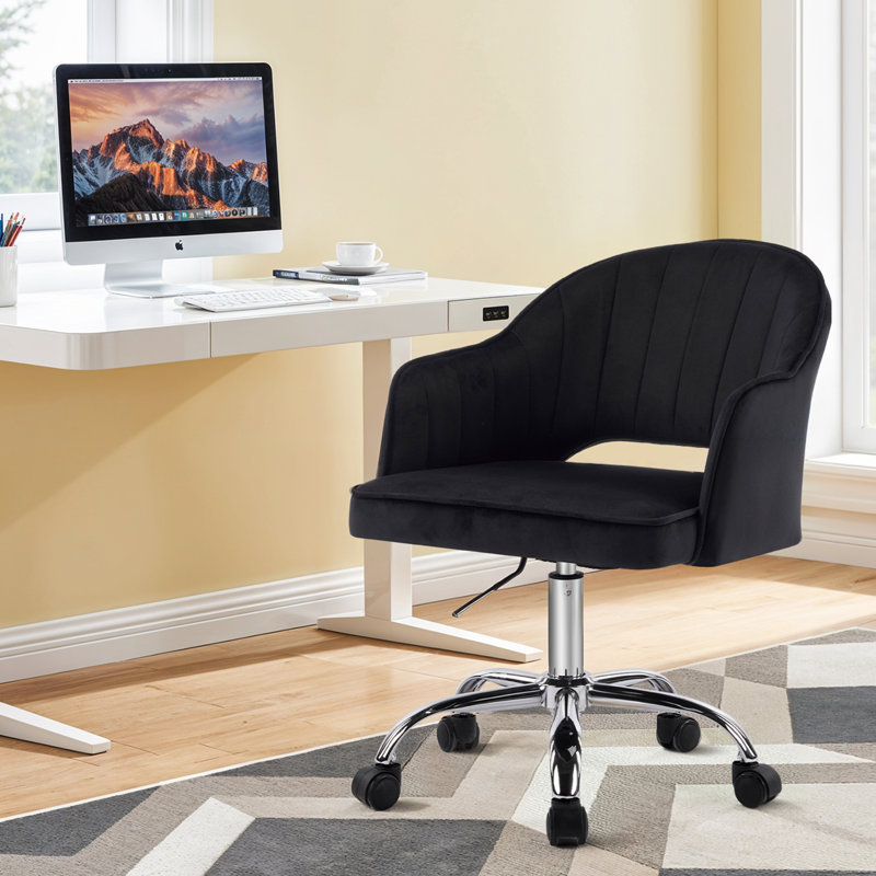 Modern Swivel Velvet Upholstered Office Chair with Armrests, Black