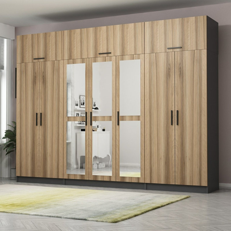 Elina 7 Door Manufactured Wood Wardrobe, 255cm H x 315cm W x 52cm D, Brown