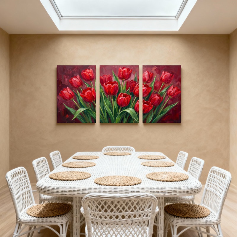 Plantes et fleurs, tulipes rouges sur fond foncé, ensemble de 3 reproductions d'art sur toile, H 36 po x l 72 po