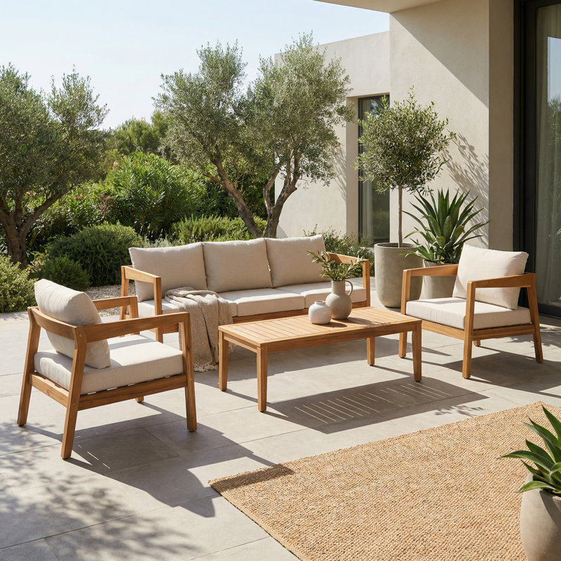 Outdoor 4-Piece Outdoor Acacia Wood Conversation Set With Slatted Tabletop & Cushions, Beige, 4 Pcs: Table, Sofa, 2 Chairs
