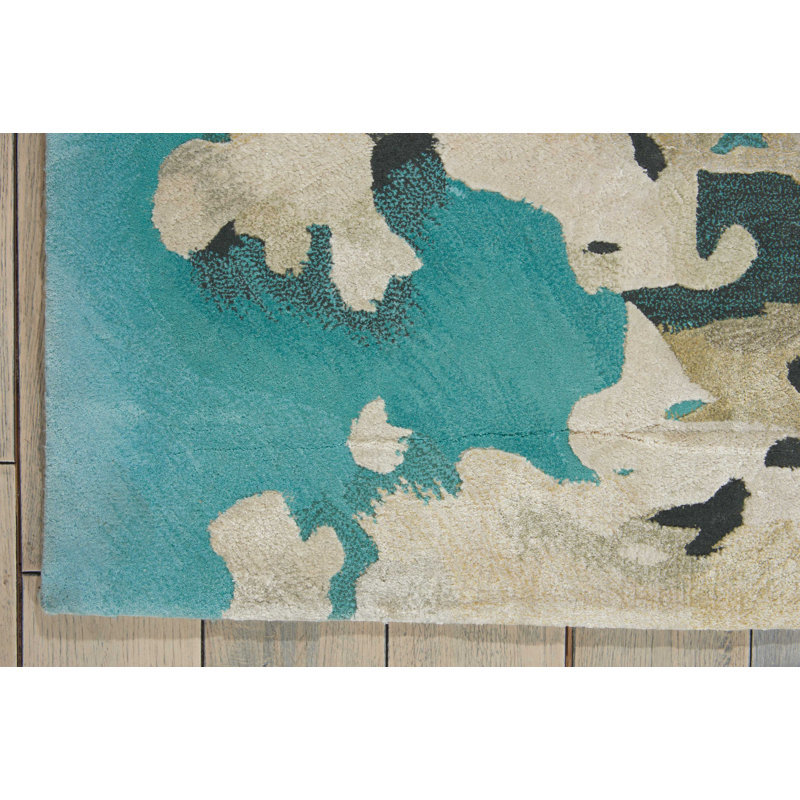 Tapis turquoise abstrait moderne fait à la main Versailles, Rectangle 2 pi 3 po x 3 pi