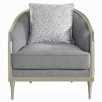Fero Accent Chair With Pillow, Foam Fill Gray Chenille, Champagne Wood Trim