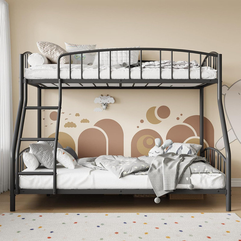 Twin Over Full Heavy-Duty Metal Bunk Bed with Arched Guardrail & Ladder, Steel Slats Support, Space-Saving, No Box Spring Needed