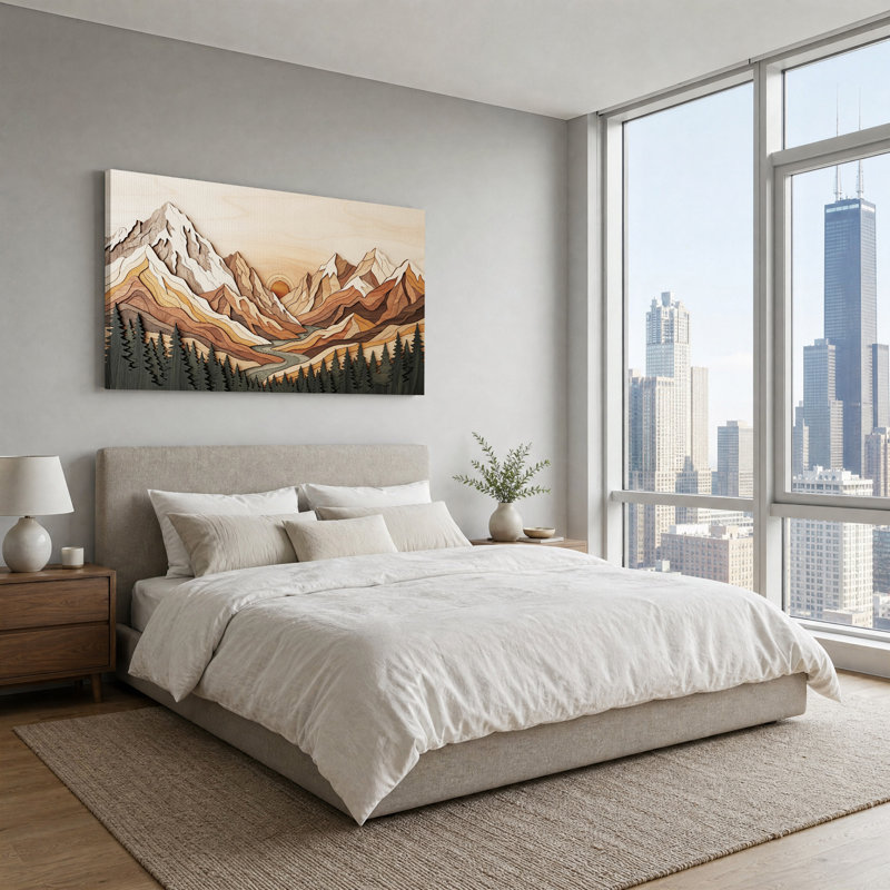 «Layered Wood Mountain Landscape with Pine Trees», art mural sur toile, L 32 po x H 16 po